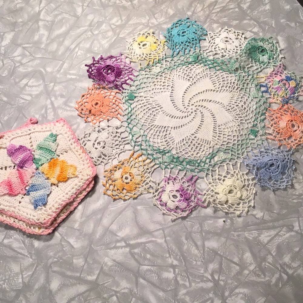 SALE Small pair handmade vintage decorative kitchen hot pads doilies rainbow